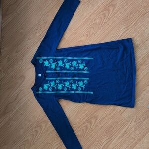 Long sleeve royal blue Tea Collection dress, floral pattern